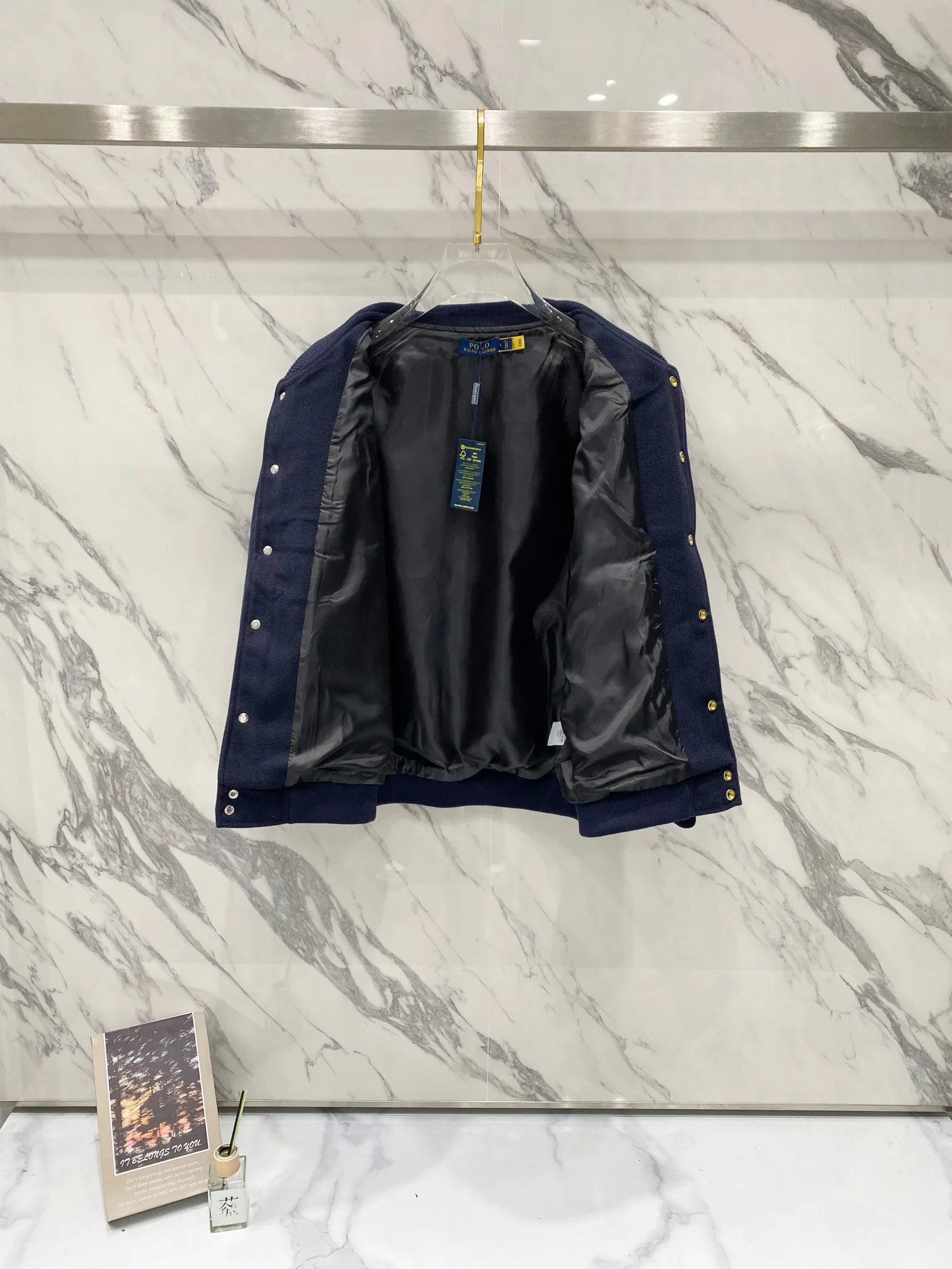 P310 Ralph Lauren Pony Embroidered American Retro Wool Spliced ​​Leather Baseball Jacket with Big Logo on the Back Color: Navy Size: m-XL